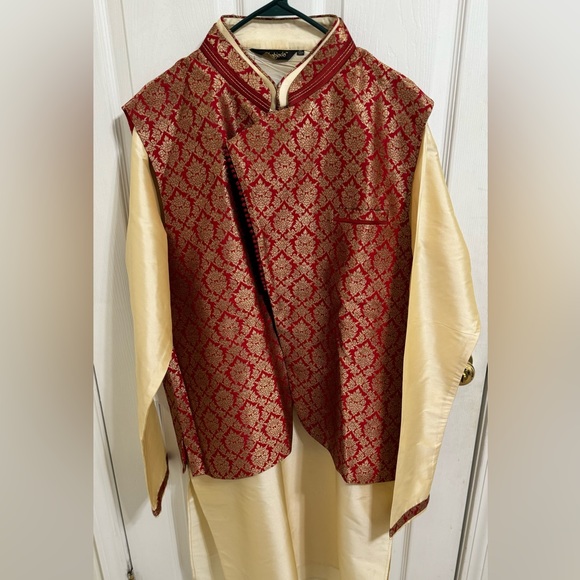 Red and Gold Dhoti Style Sherwani - Picture 3 of 4